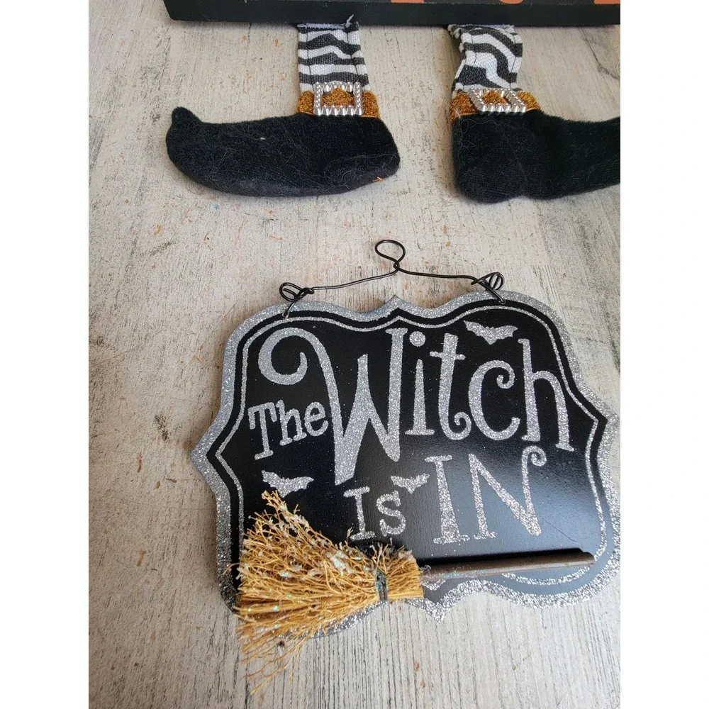 Halloween witch is in feet sign set glitter Unique broom Home decor